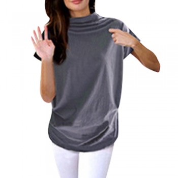 Women Casual Turtleneck Short Sleeve Cotton girl Solid Casual Blouse Top 